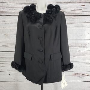 Katherine Kay Ltd. New Black Button Up Rabbit Fur Trim Jacket Coat Size 14W